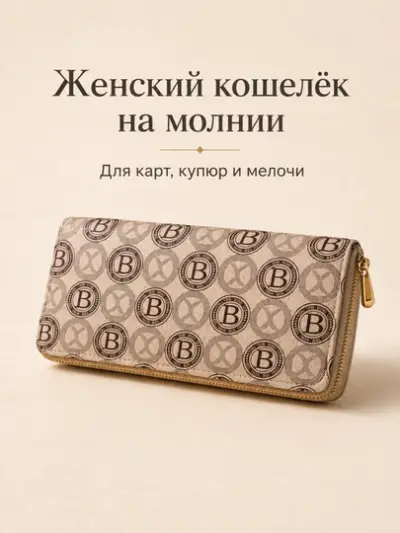Женский длинный кошелёк на молнии FORRIS HOME с монограммой портмоне — Бежевый